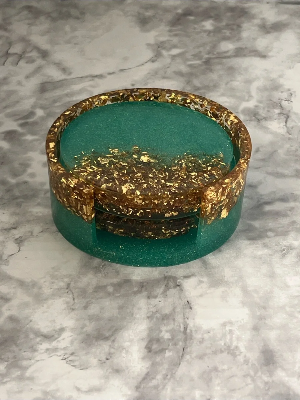 Resin Coaster Set with Holder in Teal and Gold